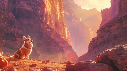 A curious Corgi standing at the base of a towering canyon, looking up as the first light of dawn breaks over the rim. The soft pink and orange hues of the morning sky cast a gentle glow  - obrazy, fototapety, plakaty