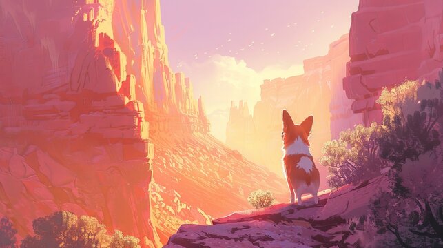 A curious Corgi standing at the base of a towering canyon, looking up as the first light of dawn breaks over the rim. The soft pink and orange hues of the morning sky cast a gentle glow 