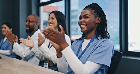 Teamwork, applause with nurses and doctors meeting with diversity, congratulations and support in...