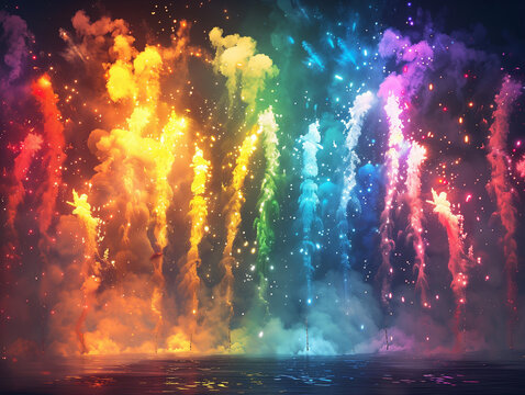 Rainbow smoke clouds on a dark background, copy space, Generative AI.