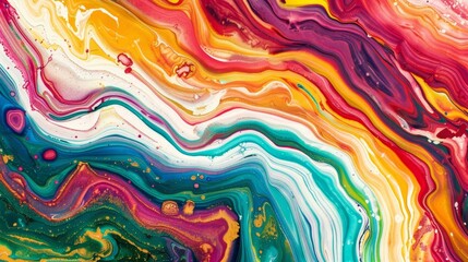 Abstract Marbled Acrylic Paint Waves, Colorful Ink Texture, Bold Rainbow Color Swirls - obrazy, fototapety, plakaty