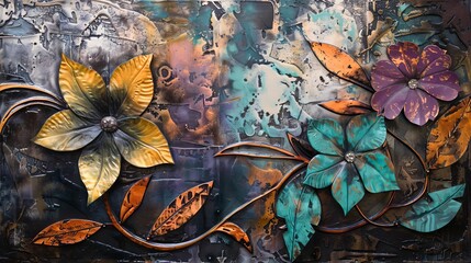 Abstract modern painting with metal textures, plants, and flowers, expressive art