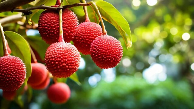 Close-up of lychee fruits on tree branch