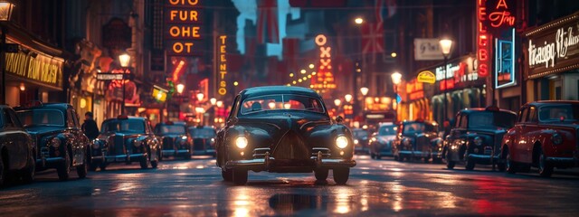 Retro cars in night city on background neon lights vibrant colors. Night scene of after rain city in nostalgic 40s, 50s.