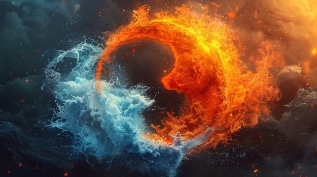 A yinyang symbol composed of various elements such as fire and water to symbolize the interconnectedness of opposing forces.