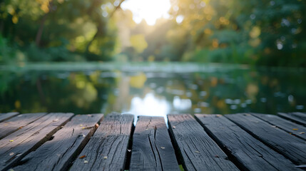 background with a wooden surface near the edge of a tranquil pond, capturing the reflections of surrounding elements - obrazy, fototapety, plakaty