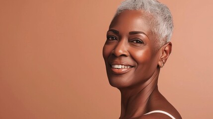 Beautiful Black Woman with Smooth Healthy Skin, Mature Gray Hair, Smiling, Beauty Ad