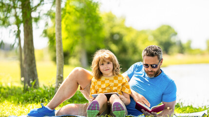 childhood school education. son with daddy bonding in summer. family education of daddy and son child. daddy inspire educational journey of his son kid. daddy and son relax in park. nature lessons