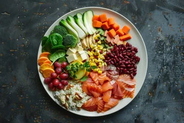 Poster Beautifully Arranged Meal Featuring Colorful Assortment of Fruits, Vegetables, Grains, Proteins, and Dairy on White Plate Against Dark Background, Perfect Balance of Nutrition and Taste Harmony © evgenia_lo