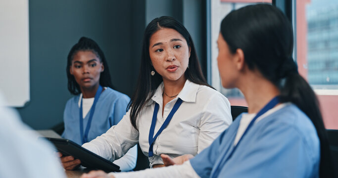 Medical team, tablet and consulting in hospital with doctor, meeting and diversity at work. Healthcare, nursing and health support staff with tech for patient info or test results and communication.