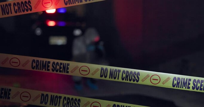 Police tape, crime scene or csi with investigation of evidence with photography of murder victim at night. Forensic quarantine, expert in hazmat and cops for observation, examination or case research