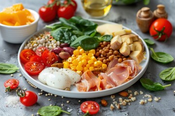 Balanced diet plate with vegetables, fruits, proteins and grains. Healthy eating, dieting, nutrition, weight loss concept. Food background. Top view, flat lay, copy space