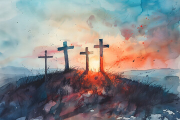 A watercolour painting of crosses on Mount Calvary, depicting the somber and sacred atmosphere of Good Friday and the crucifixion. - obrazy, fototapety, plakaty