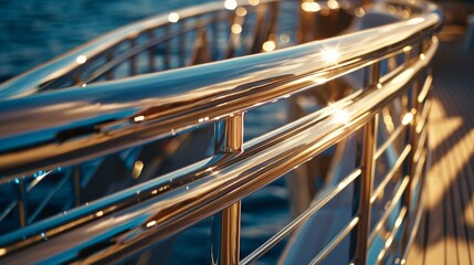 The closeup highlights the precision of the yachts metallic railing its flawless curves and...