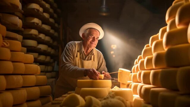 A farmer turns over cheese heads on wooden shelves ,the cheese maturation storage concept, dairy products