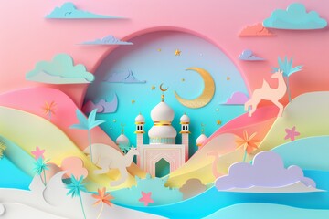 Fototapeta na wymiar paper cut mosque eid mubarak colorful