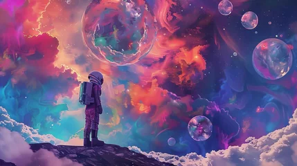 Fotobehang Enchanting Bubble Galaxy, Astronaut Exploring Colorful Alien Planet, Pop Art Style Painting © Jelena