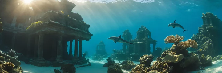 Zelfklevend Fotobehang Panoramic view of underwater ancient ruins. Dolphin swimming around © JuanJos