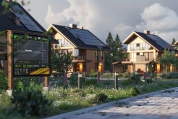 Charming EcoVillage with Solar-Powered Homes in a Picturesque Rural Setting Next to a Verdant Forest, Surrounded by Natures Peaceful Ambiance, Featuring a Modern Community Notice Board