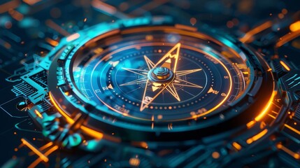 Futuristic compass navigating towards financial goals, 3D illustration
