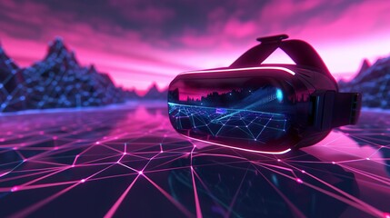 Futuristic VR headset with abstract digital landscape, metaverse and virtual reality concept