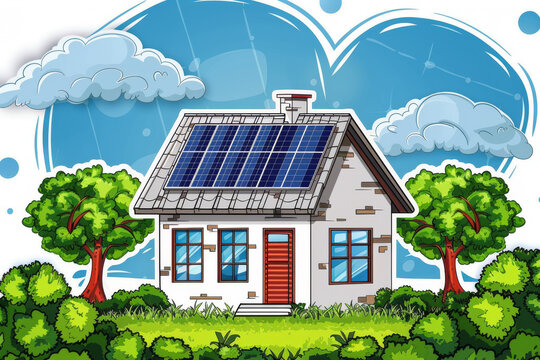 Eco Home with Solar Roof Comic Style Illustration