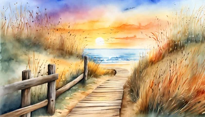 Poster Coastal Dunes at Sunset Watercolor Art © liamalexcolman