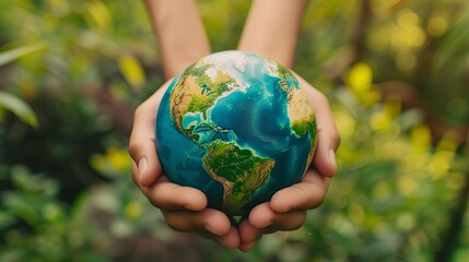 Human hands holding globe with green nature elements, World Environment Day concept