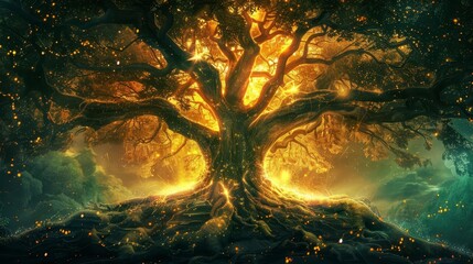 Majestic ancient tree with intricate root system and glowing magical aura, enchanting digital painting - obrazy, fototapety, plakaty