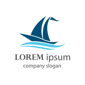logo design of a boat sailing in the blue ocean