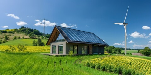 A picturesque scene of an eco-friendly house surrounded by lush greenery, with solar panels and a windmill generating renewable energy, promoting sustainable living in harmony with nature.