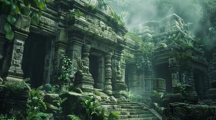 Obraz premium Mysterious ancient ruins in a lush jungle setting with intricate stone carvings, atmospheric digital painting