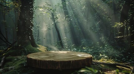 Mysterious dark forest with wooden podium bathed in sun rays, product display in nature