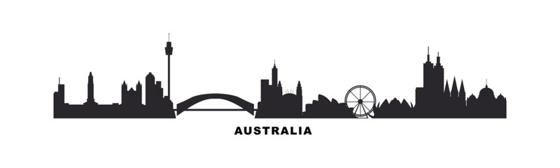 Australia country skyline with cities panorama. Vector flat banner, logo. Sydney, Melbourne, Brisbane silhouette for footer, steamer, header. Isolated graphic