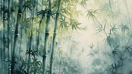 Serene bamboo forest with misty atmosphere and gentle sunlight filtering through, tranquil watercolor illustration