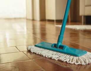 Close-up of a blue mop cleaning the floor. Housework concept for a banner, flyer, poster, presentation with copy space.