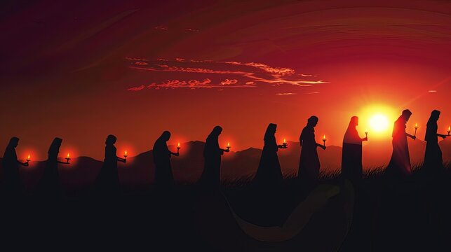 Silhouette illustration of the parable of the ten virgins waiting with their lamps, religious concept