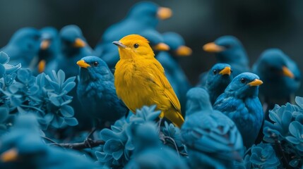 Unique yellow bird among blue birds, wildlife photography, color contrast - obrazy, fototapety, plakaty