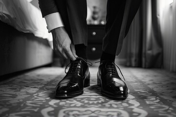 A man in a business suit ties the laces. - Powered by Adobe