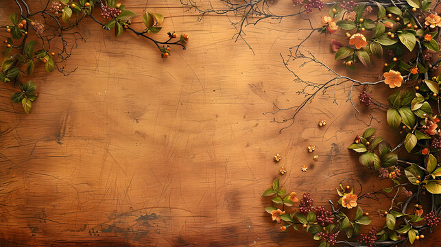 wood texture background intertwined with botanical elements, such as vines, leaves, and blossoms, creating a seamless fusion of wood and nature