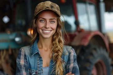 Foto auf Alu-Dibond A smiling female tractor driver standing in front of tractor. © Bargais