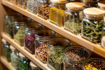 Rustic wooden shelves stocked with a variety of glass spice jars filled with colorful dried herbs and spices in a storeroom or pantry. Selective focus on front jars.