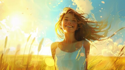 Young happy smiling woman standing in a field with sun shining through her hair, digital painting - obrazy, fototapety, plakaty