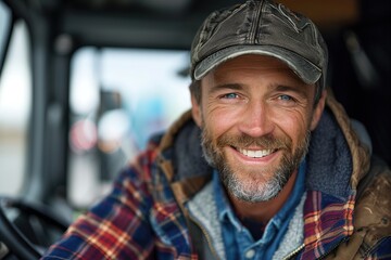 A smiling male truck driver.
