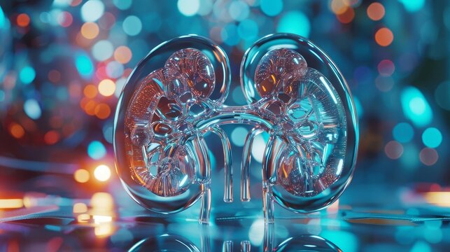 3D futuristic glass model of human kidneys, nephrology healthcare concept