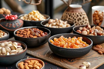 Assorted nuts and dried fruits on rustic wooden bowls. Almonds, walnuts, cashews, raisins, and apricots. Perfect healthy snack. Organic and delicious. Top view with copy space. - obrazy, fototapety, plakaty