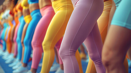 Wide photo, active group of cute girls with slim body wearing vibrant colorful jeans and tops practicing aerobics with the team, tight dresses, Day time background