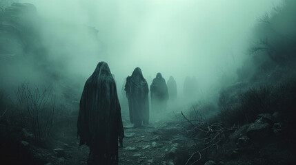 A creepy and sinister cult gathers, adding an eerie atmosphere to the mysterious surroundings, In a haunted, foggy forest.
