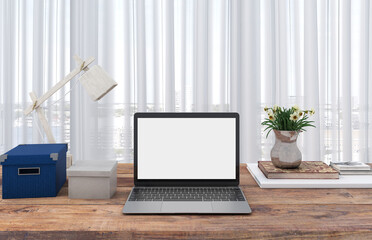 Empty white screen laptop, copy space on the device, working desk decor with lamp and box storage, wooden table and white translucent curtain background, flower and plant, 3d rendering