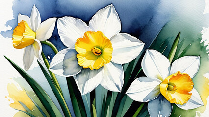 Captivating Watercolor Illustration Narcissus Flowers in White and Yellow